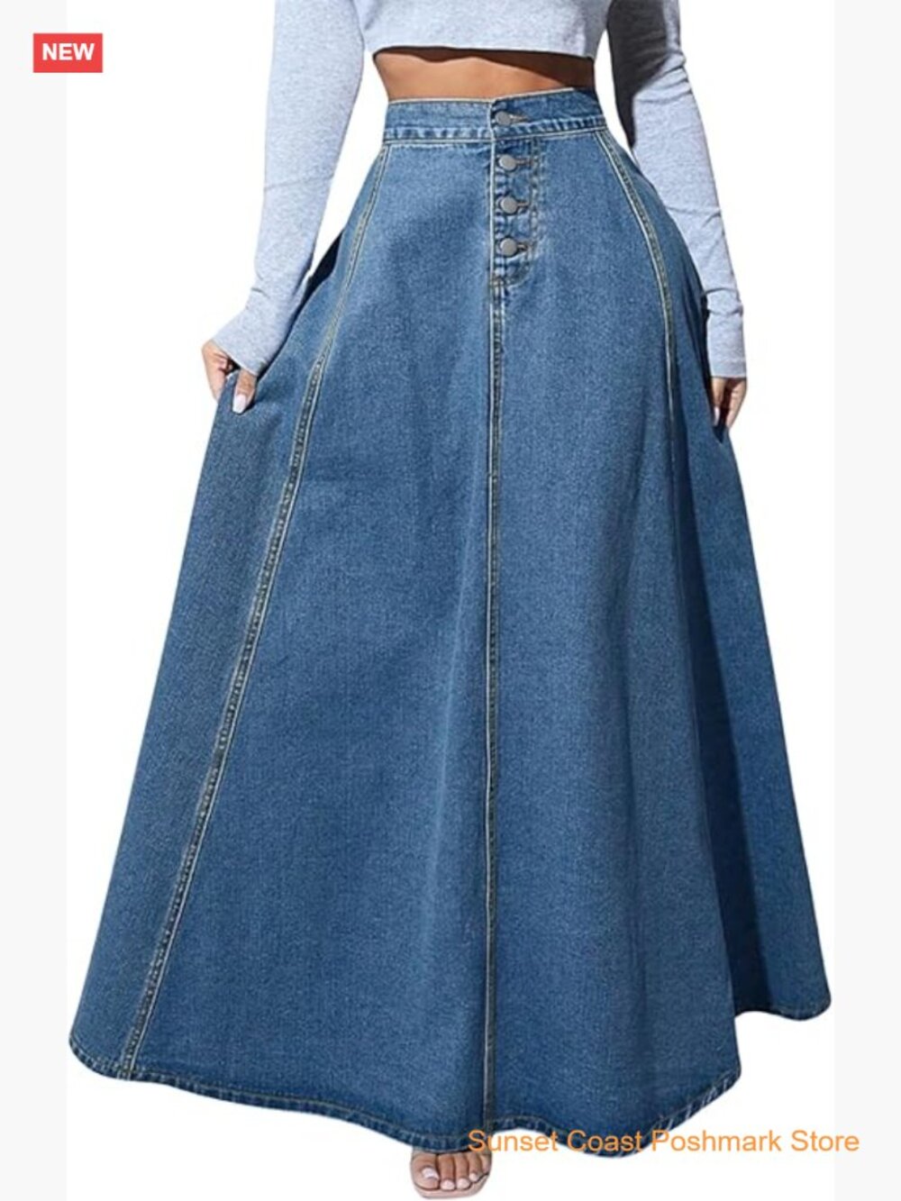 High Waisted Button Fly Flared Long Denim Maxi Skirt Pleated A-Line Swing